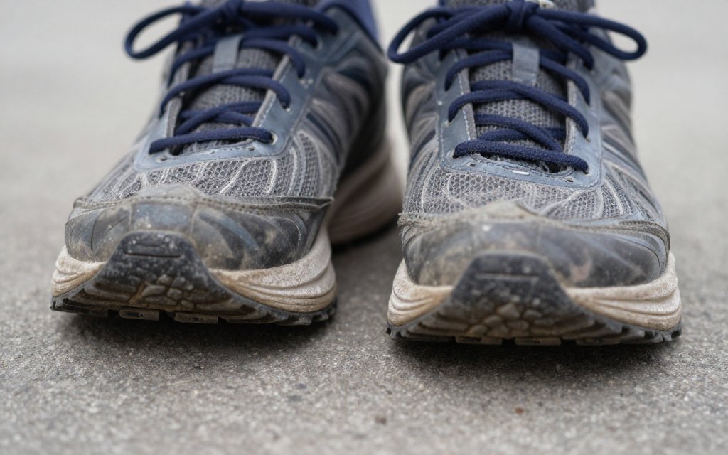Close up of walking shoes on pavement, tied to the calories burned walking a mile.