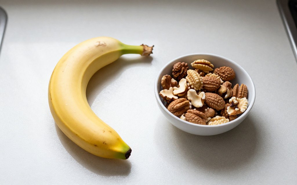 A banana beside a bowl of nuts, comparing snacks against the walking calories you burn.