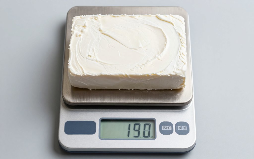 An 8 ounce block of cream cheese on a digital scale showing its weight in grams