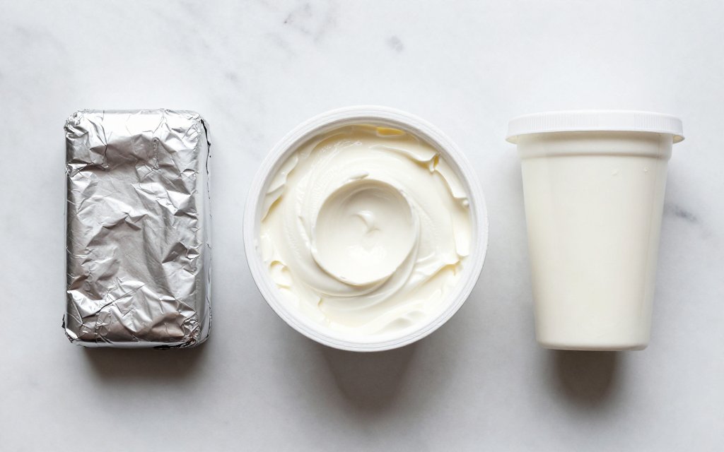 A cream cheese brick, a large tub, and a whipped tub compared side by side