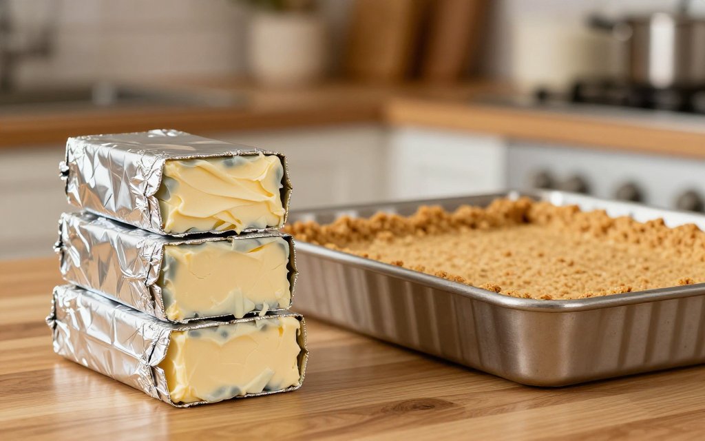 Four blocks of cream cheese beside a springform pan for a cheesecake