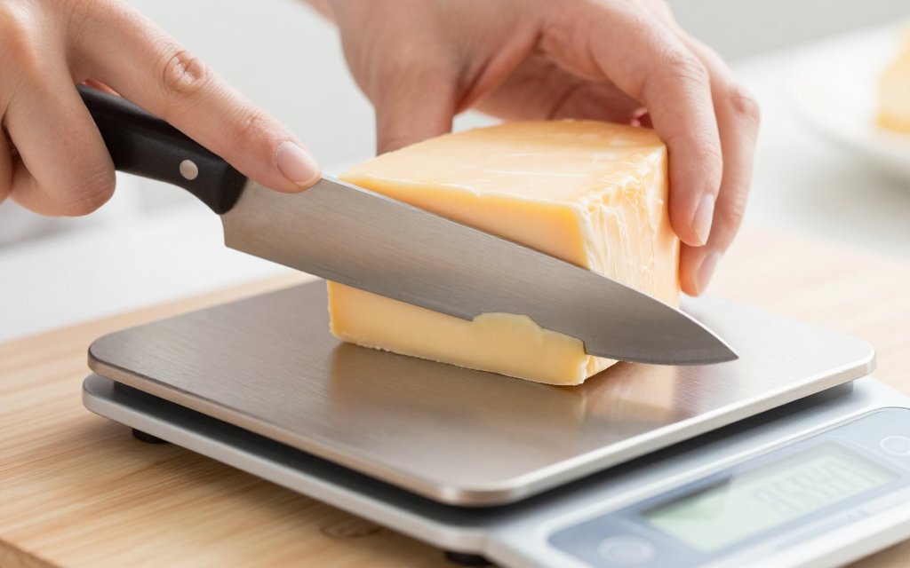 A hand slicing a partial block of cream cheese over a scale reading grams