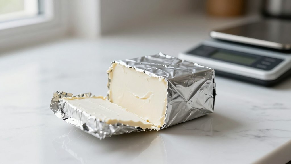 A block of cream cheese partly unwrapped on a marble counter next to a digital kitchen scale