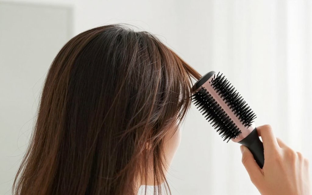 Woman styling her curtain fringe with a round brush and blow dryer at home.