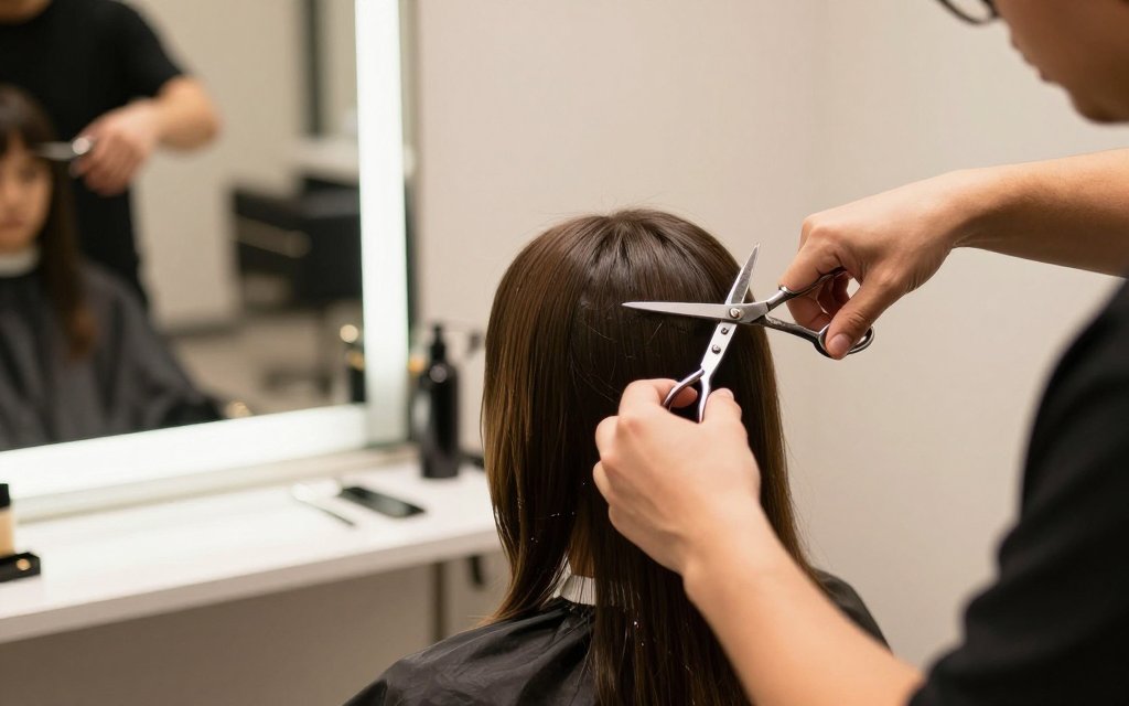 Stylist trimming a client's curtain fringe during a quick salon bang trim.