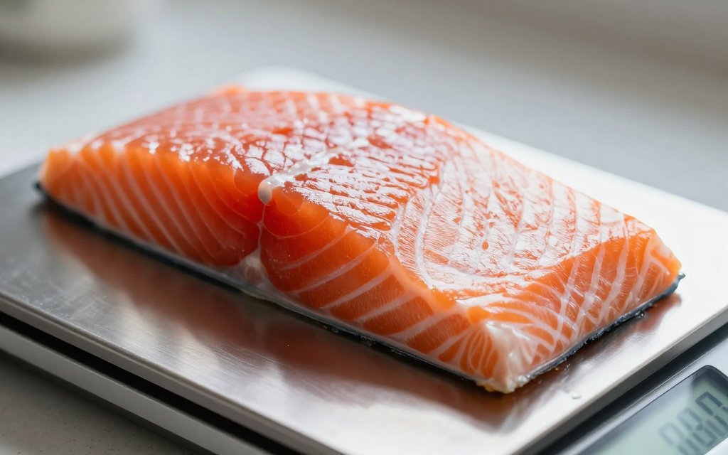 A raw salmon fillet on a digital kitchen scale showing grams, a typical salmon serving size