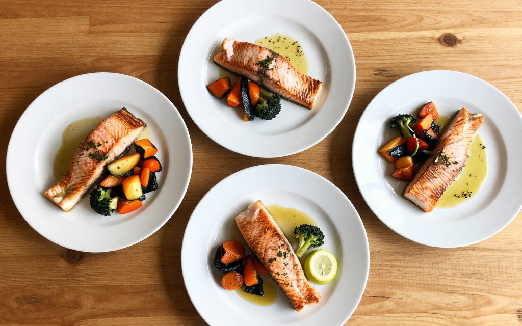 Overhead view of plated salmon dinners portioned for several people at a table