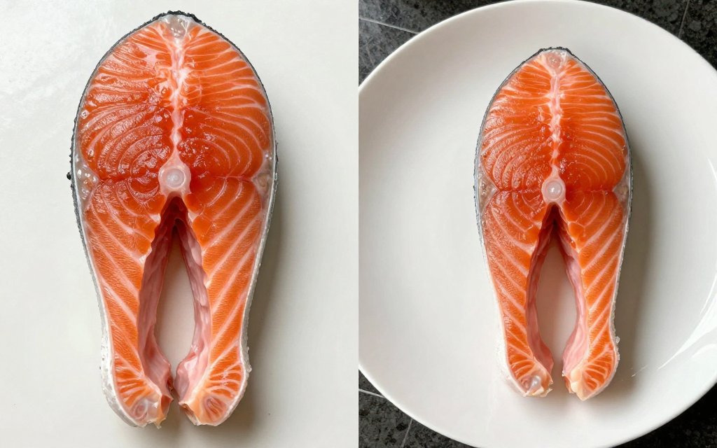 A raw salmon fillet beside a smaller cooked fillet showing weight loss after cooking