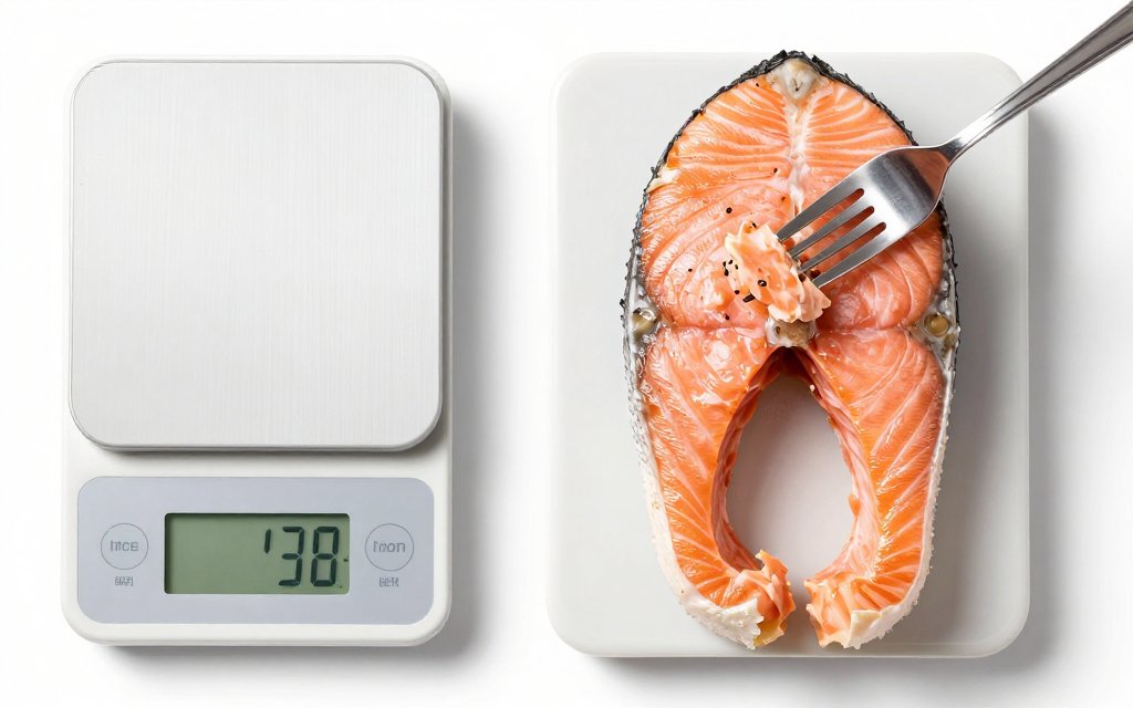 Close up of a cooked salmon portion next to a scale, a protein rich serving of fish