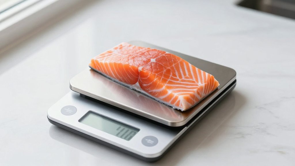 A fresh salmon fillet resting on a digital scale that displays its weight in grams