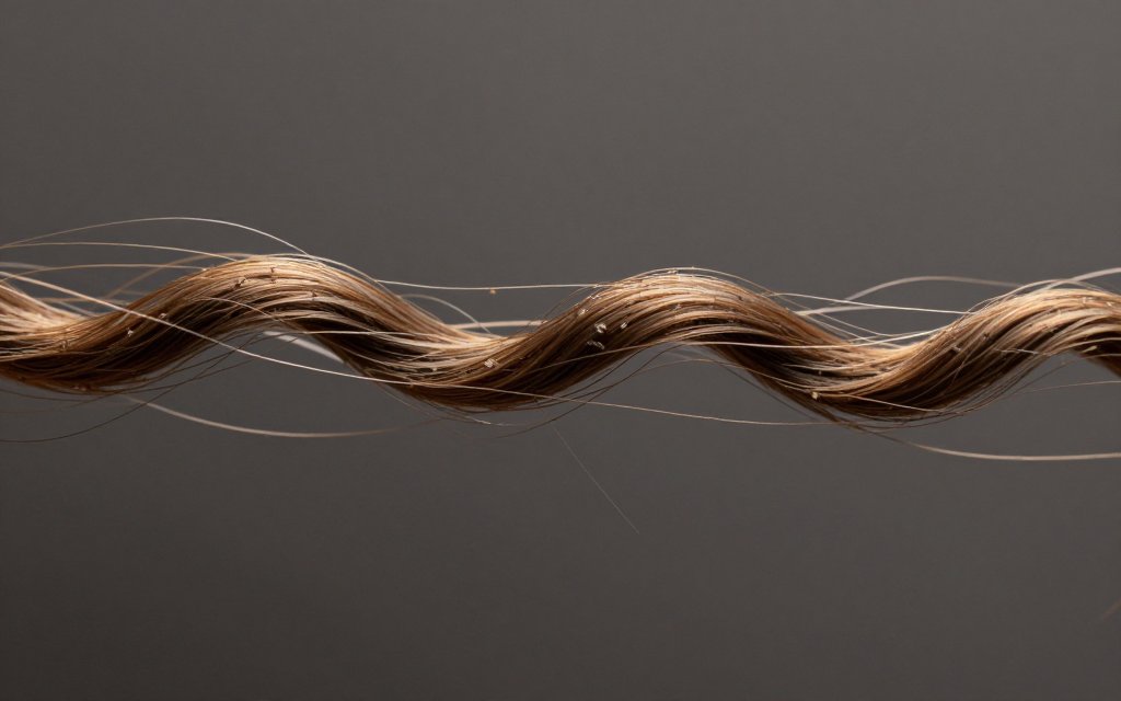 Macro close-up of a frizzy hair strand with a raised cuticle