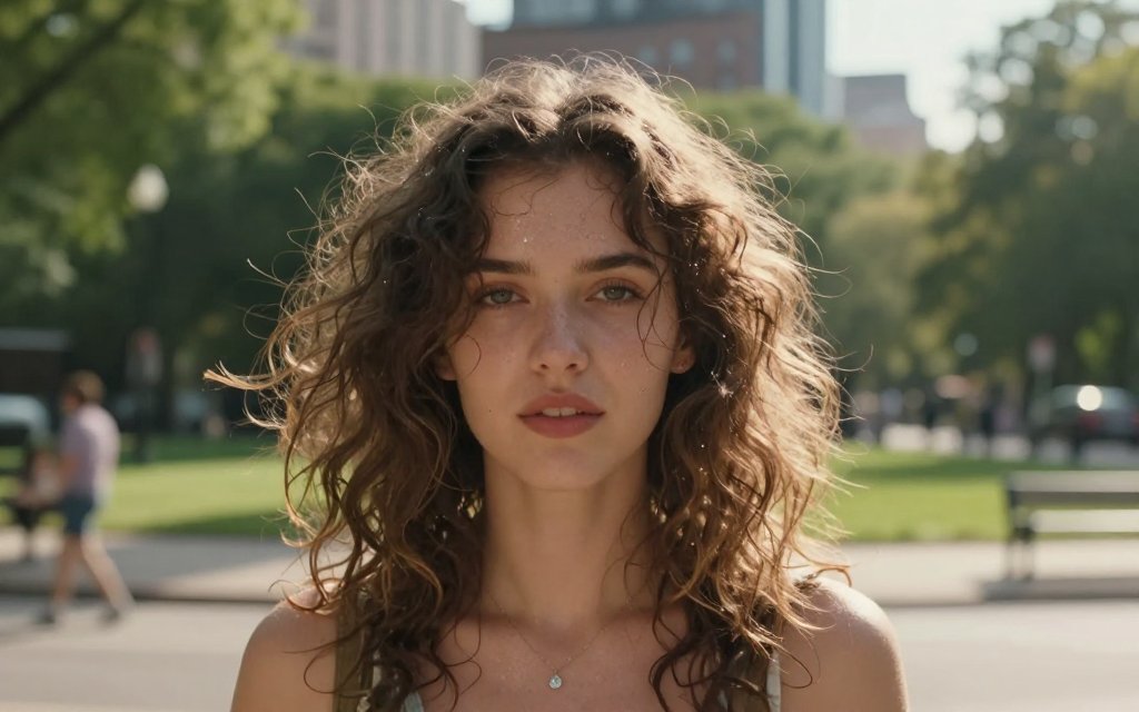 Woman outdoors in humidity with poofy, frizzy hair swelling up