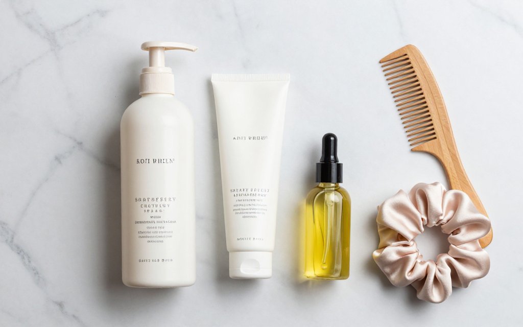 Flat lay of anti frizz products with oil, leave-in and a comb