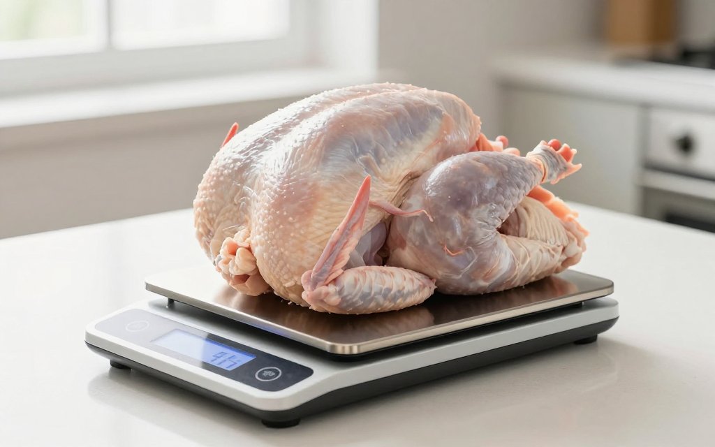 A raw whole turkey on a kitchen scale, showing how turkey per person starts from the bird's weight