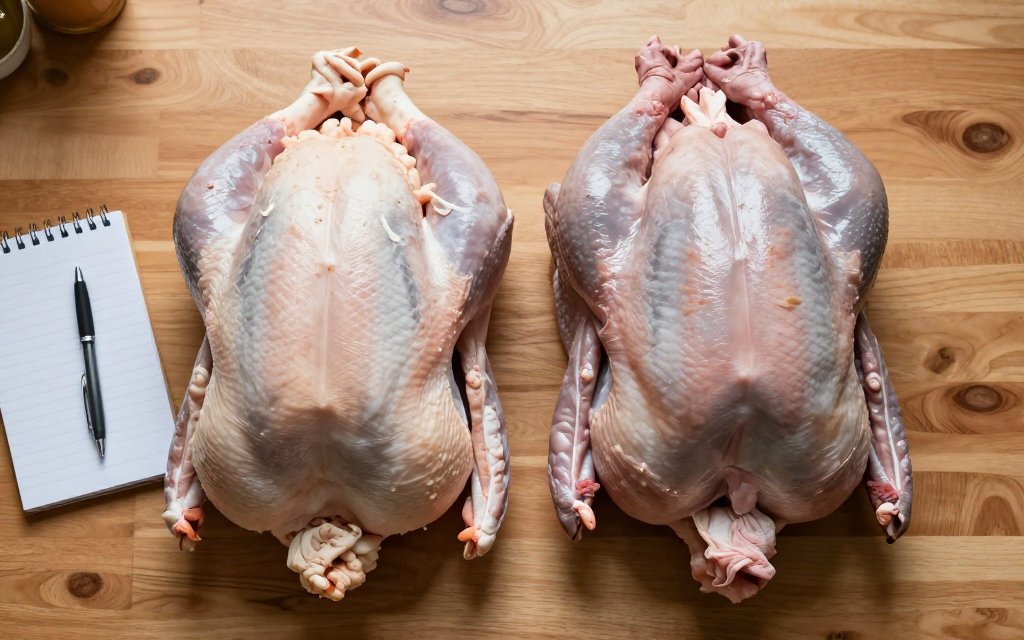 Two differently sized raw turkeys side by side, matching turkey size to the number of guests