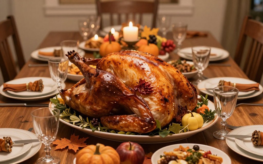 A large roasted turkey on a full holiday table set for many guests, showing how many a big bird feeds