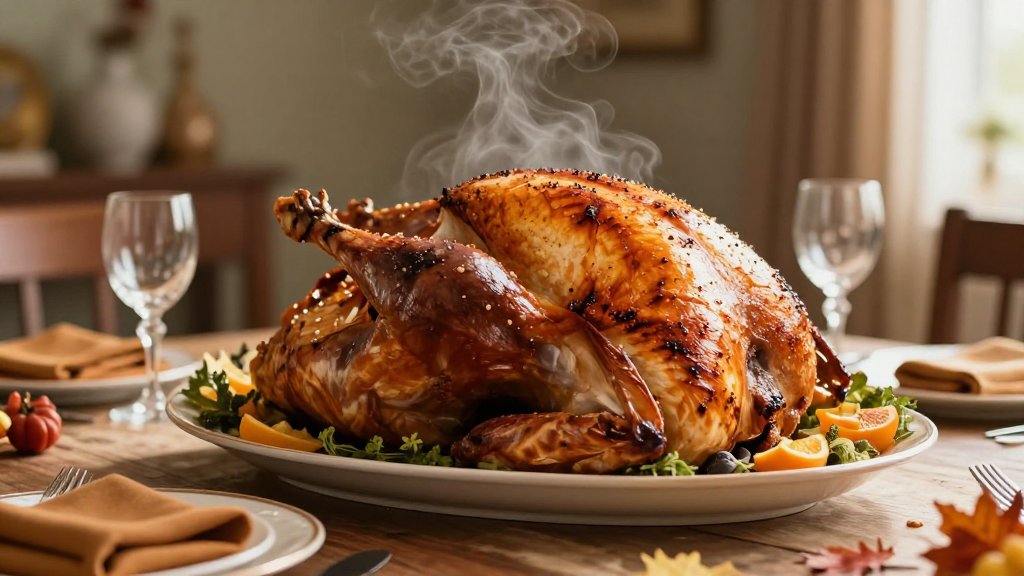 A roasted Thanksgiving turkey on a served table, illustrating how much turkey per person to plan