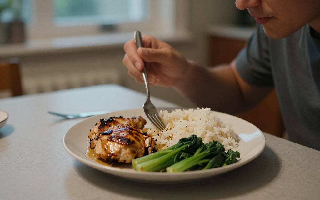 A person eating a normal balanced dinner while keeping a calorie deficit.