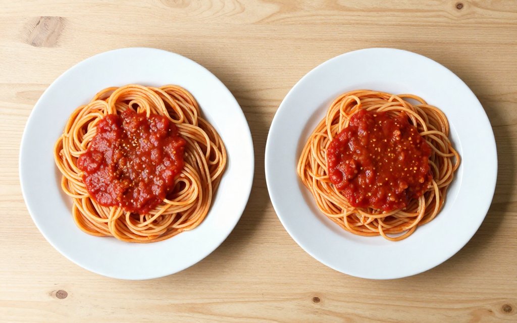 Top down comparison of a large and a moderate portion to picture a 500 calorie deficit.