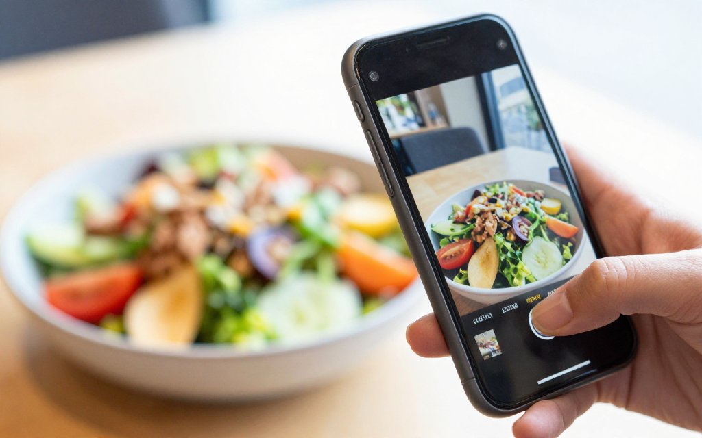 Someone photographing a meal to log calories and track a calorie deficit.