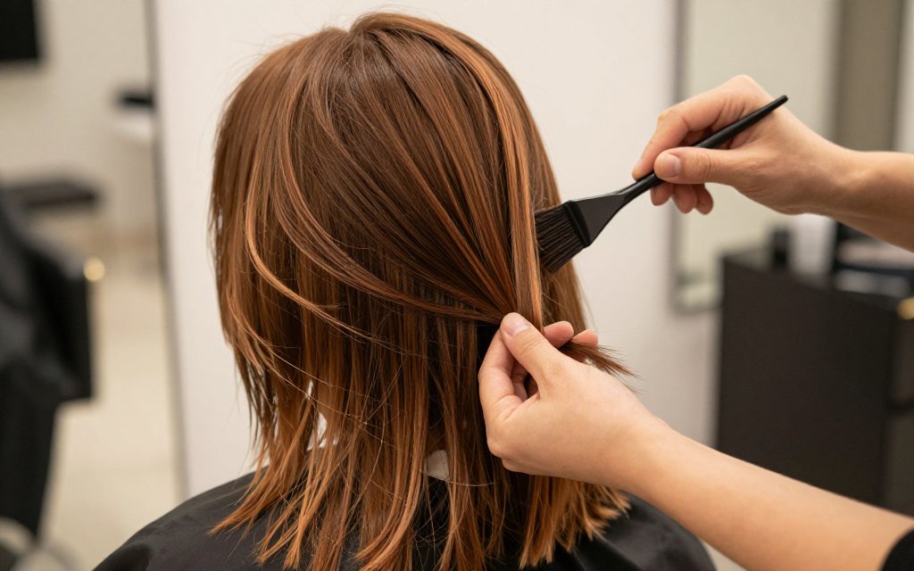 Colorist painting copper balayage highlights in a salon
