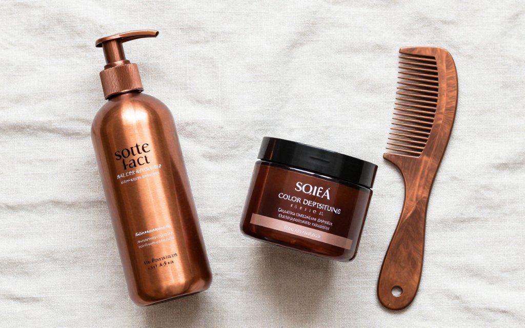 Copper hair care products flat lay with color safe shampoo