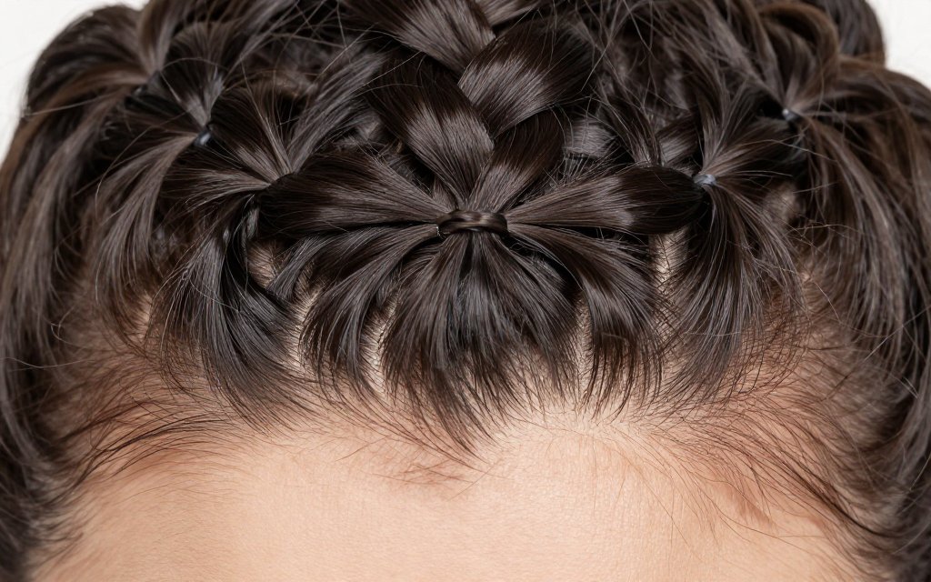 Close-up of a knotless braid base lying flat with no knot at the root