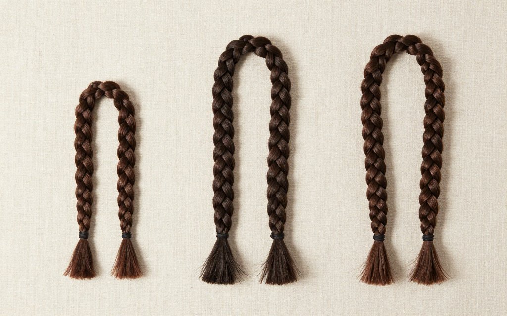 Small, medium and jumbo knotless braids compared side by side by size