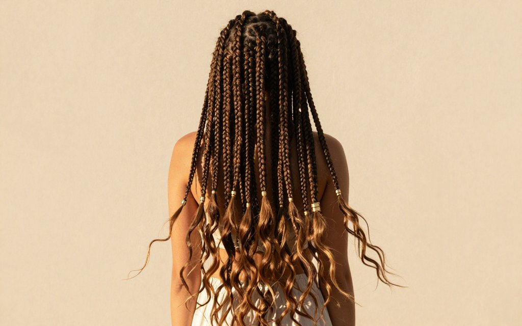 A woman wearing boho knotless braids with loose wavy ends and gold cuffs