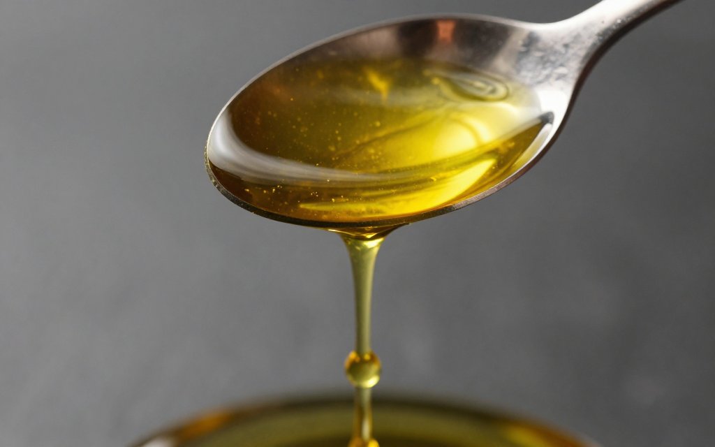 Macro shot of olive oil dripping from a spoon, a dense source of the calories in olive oil