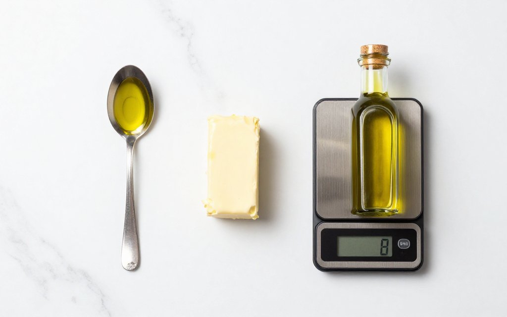 Top-down view of measured olive oil and butter with a scale showing 1 tablespoon of olive oil nutrition facts