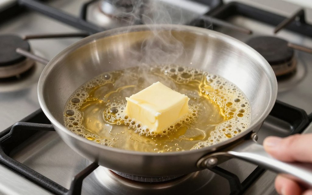 Butter melting in a hot pan, showing how the calories in butter add up during cooking