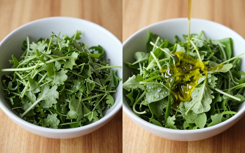 Two salads compared, one plain and one heavy with olive oil dressing and its added calories
