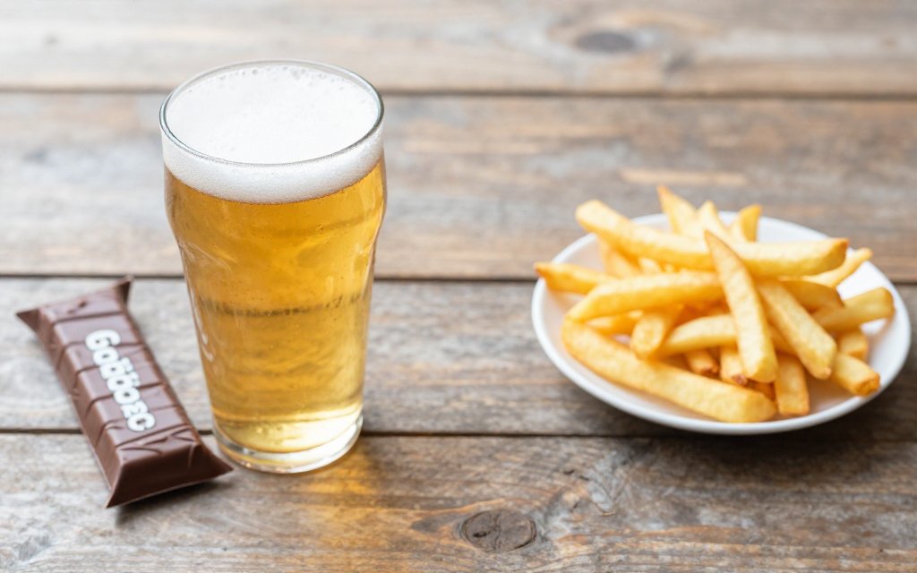 A pint of beer next to fries and a chocolate bar, showing empty calories from alcohol