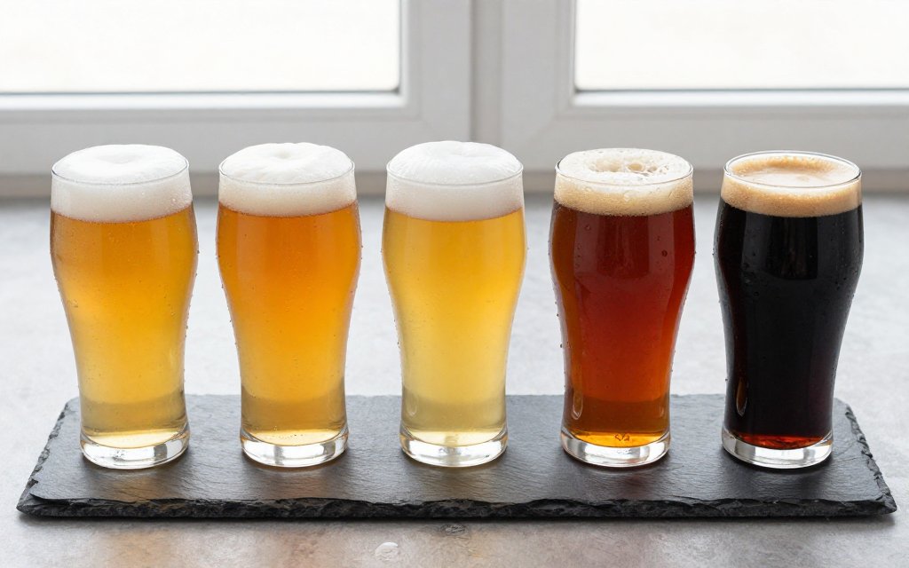 An overhead row of beers from light lager to IPA showing how calories in beer rise
