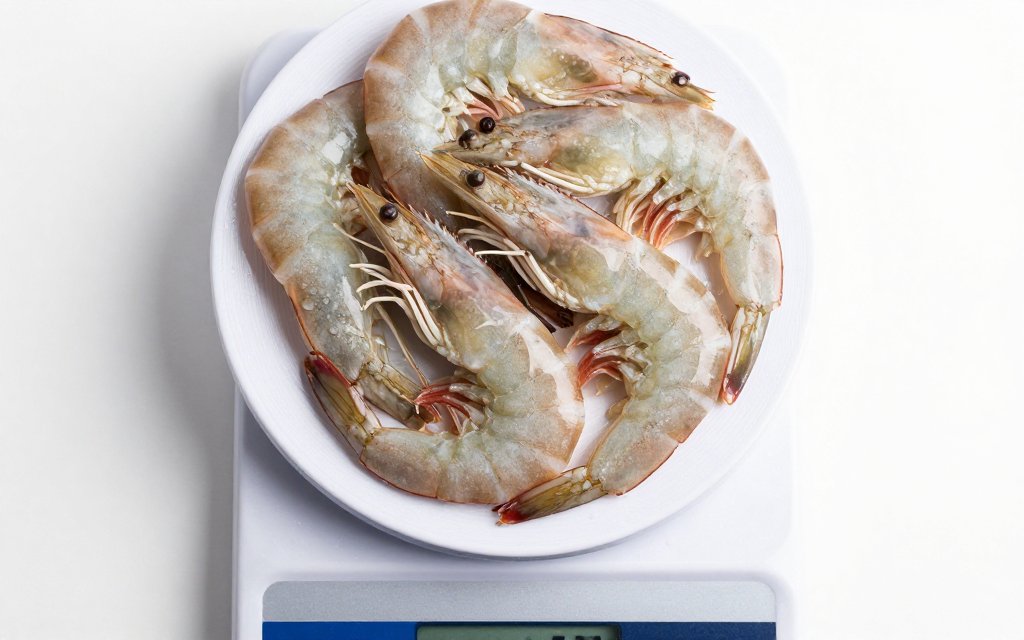 One pound of raw shrimp on a digital scale illustrating how many shrimp are in a pound