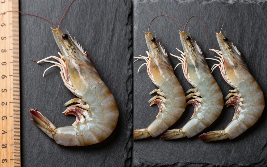 A jumbo shrimp next to smaller shrimp comparing one shrimp count size to another