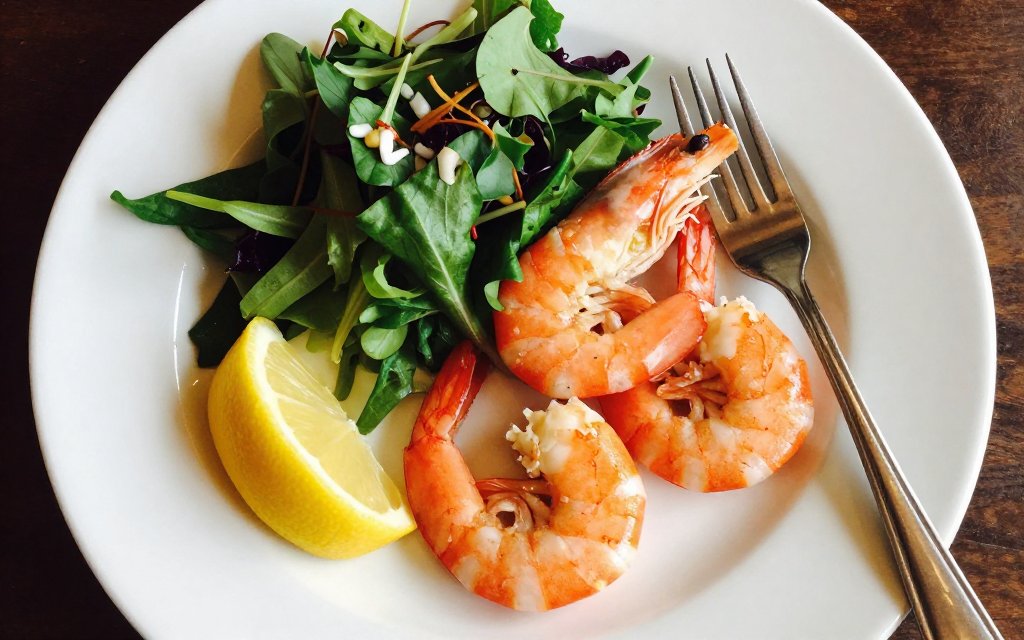 A plated three ounce cooked shrimp serving size for one person