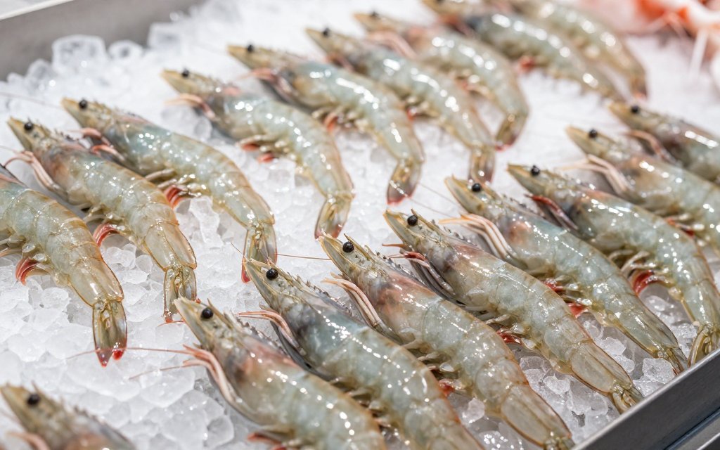 Raw shrimp sorted by size on market ice, reflecting shrimp sizes and price