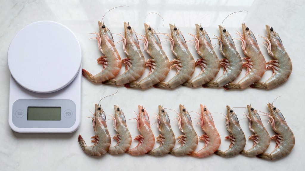 Fresh raw shrimp sorted by size next to a digital kitchen scale, showing shrimp sizes