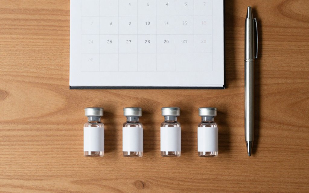 Flat lay of vials and a calendar showing the four-week tirzepatide titration schedule