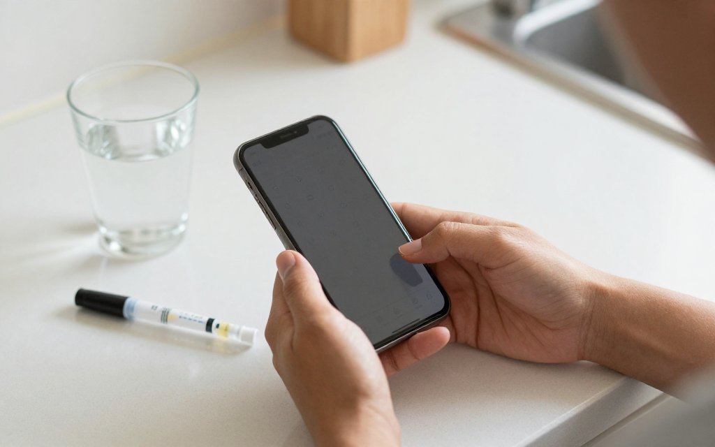 Person logging a weekly tirzepatide dose on a phone at the kitchen counter