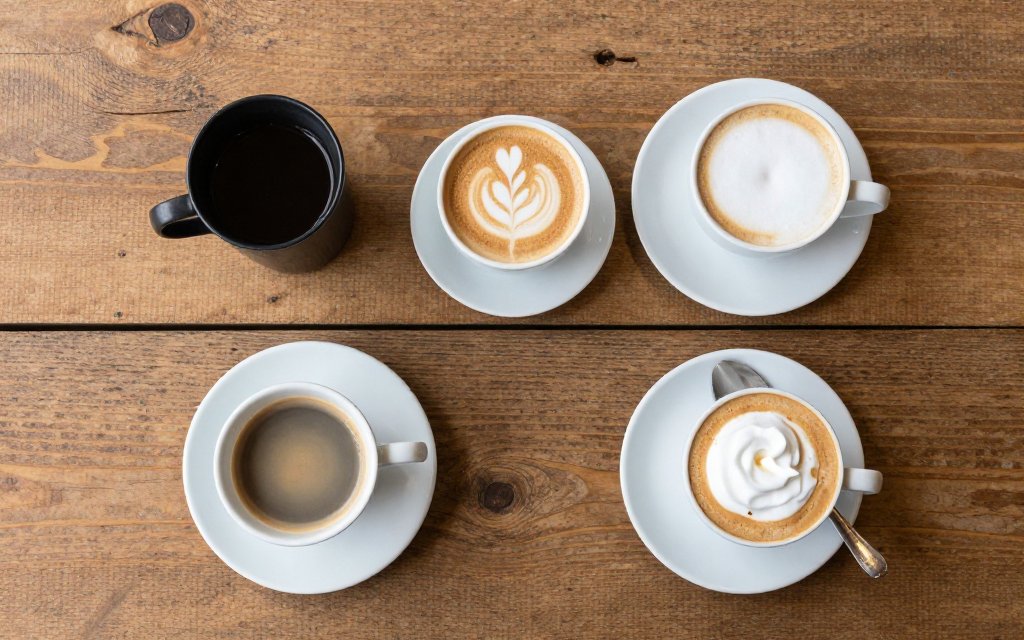 Top down view of black coffee beside cappuccino and milky latte cups