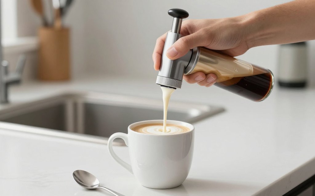 Flavored syrup and cream added to a coffee cup at a kitchen counter