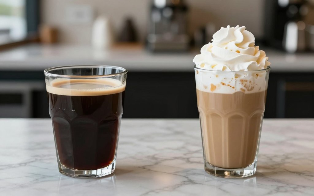 Plain black coffee next to a whipped cream flavored latte for comparison