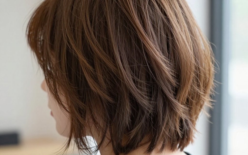Close-up of choppy layered texture in a wolf cut haircut