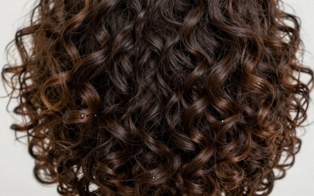 Curly hair shaped into a layered wolf cut with defined ringlets