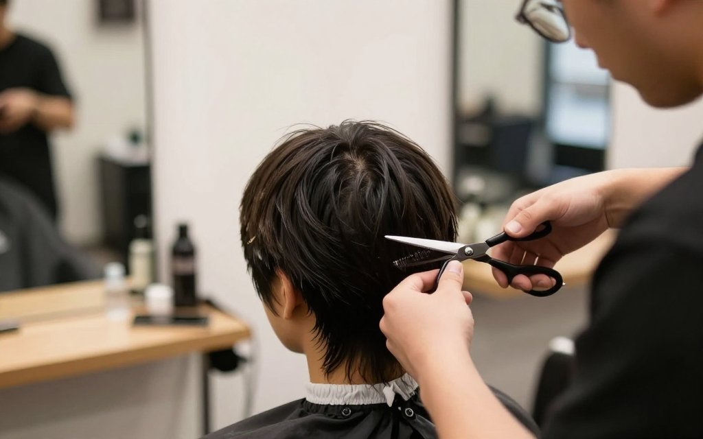 Stylist trimming wolf cut layers in a salon to maintain the shape