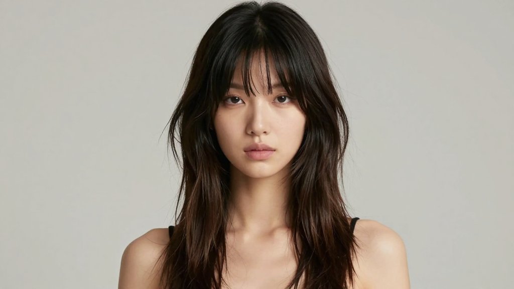 Woman with a long layered wolf cut and curtain bangs framing her face