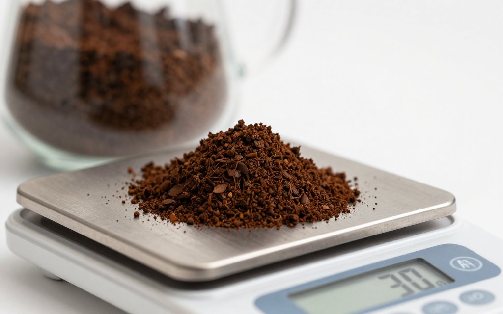 Coarse coffee grounds on a scale reading 30 grams for a french press coffee ratio